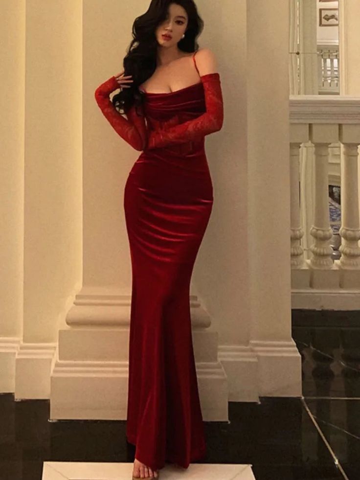 Charming Red Spaghetti Straps Mermaid Long Evening Party Dress, D179