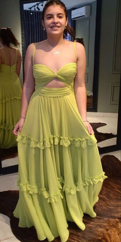 Green Spaghetti Straps A-Line Graduation Dress Long Party Dress, D180