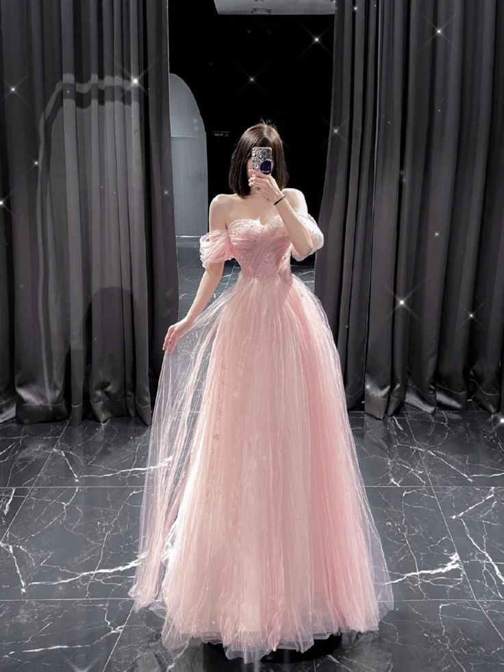 Pink Off Shoulder A-Line Tulle Long Formal Party Dress, D181