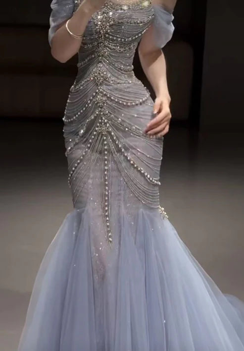 Blue Off Shoulder Beading Mermaid Long Prom Dress Evening Gown, D124