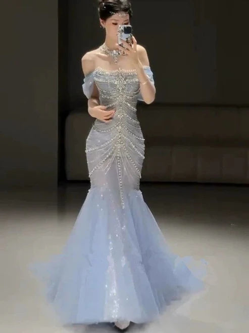 Blue Off Shoulder Beading Mermaid Long Prom Dress Evening Gown, D124