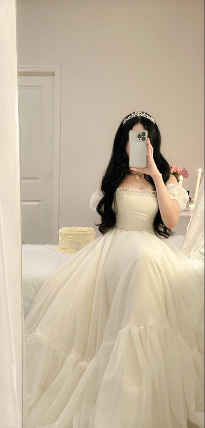 Off Shoulder Ivory A-Line Chiffon Long Party Dress Birthday Dress, D21