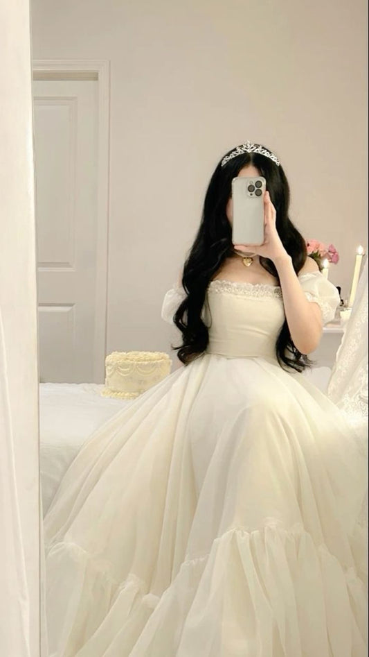 Off Shoulder Ivory A-Line Chiffon Long Party Dress Birthday Dress, D21