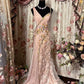 Elegant Pink V Neck Mermaid Vintage Long Evening Gown, D132