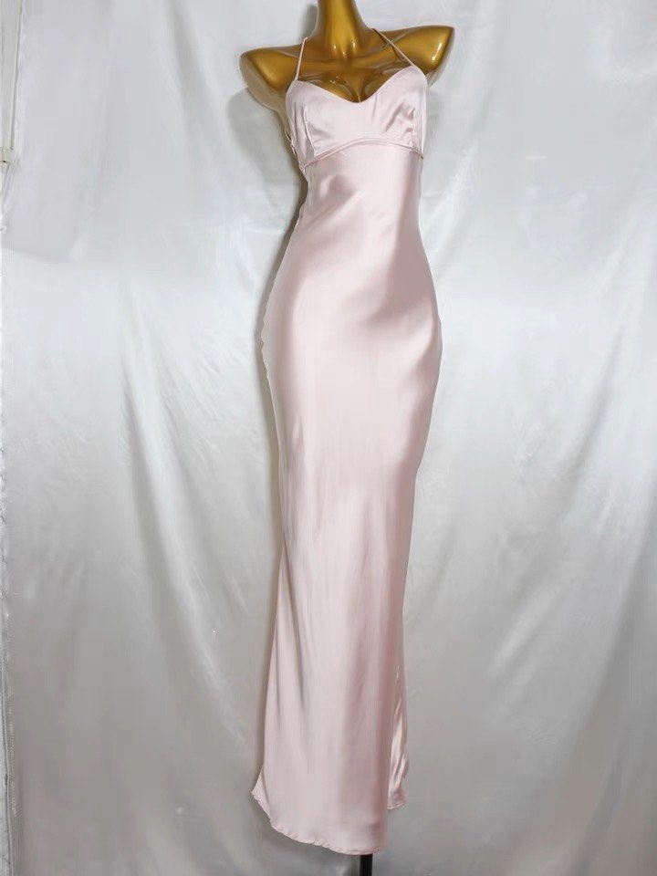 Light Pink Straps Mermaid Satin Long Party Dress Bridesmaid Dress, D216