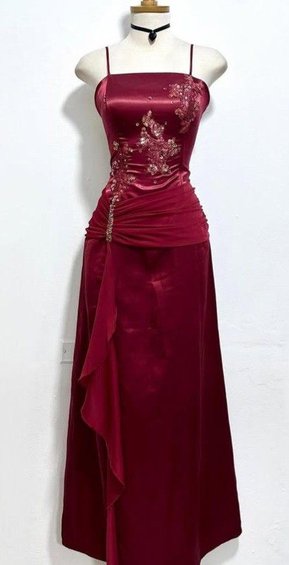 Wine Red Spaghetti Straps Appliques Sheath Long Formal Evening Party Dress, D220