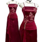 Wine Red Spaghetti Straps Appliques Sheath Long Formal Evening Party Dress, D220