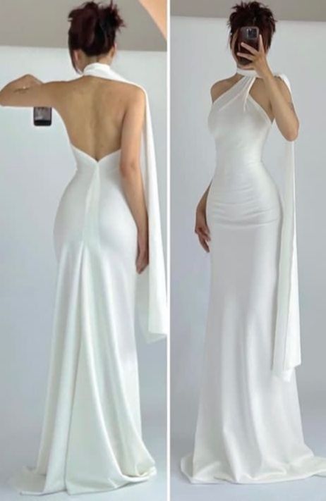 Elegant Halter Sheath White Long Prom Dress Evening Gown, D141