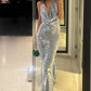 Light Blue Halter Neck Mermaid Sequins Long Evening Party Dress, D222