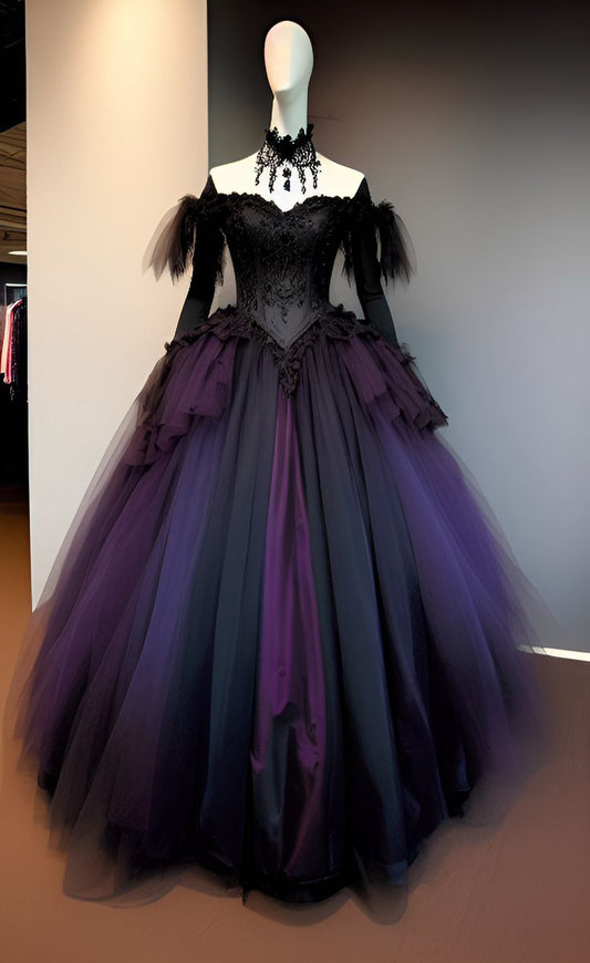 Modest Long Sleeves A-Line Tulle Long Formal Prom Dress Evening Gown, D223