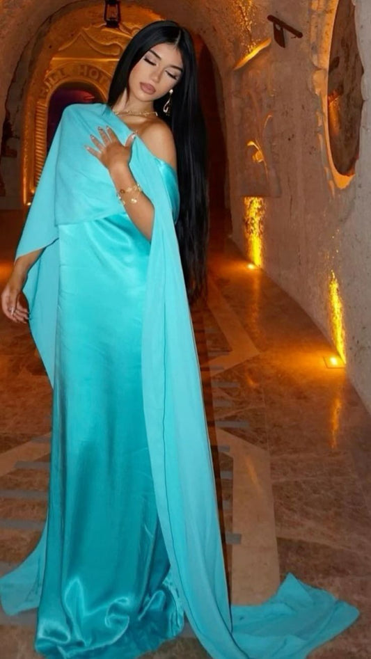 Modest Blue Sheath Satin Long Formal Party Dress , D146