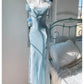 Light Blue Straps Sheath Long Party Dress Birdesmaid Dress, D149