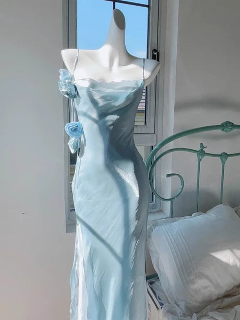 Light Blue Straps Sheath Long Party Dress Birdesmaid Dress, D149