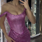 Hot Pink Off Shoulder Sheath Split Long Party Dress Evening Gown, D229