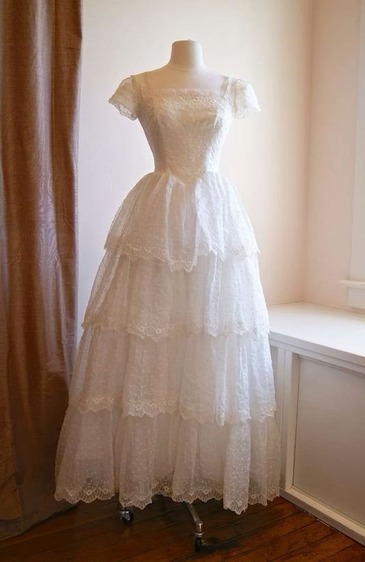 White A-Line Lace Layers Vintage Wedding Dress Birthday Gown, D23