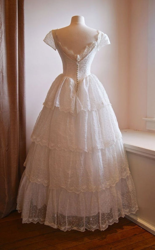 White A-Line Lace Layers Vintage Wedding Dress Birthday Gown, D23