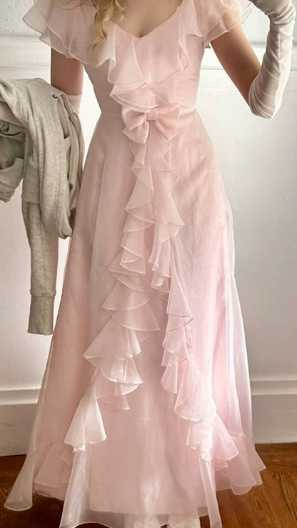 Pink V Neck Off Shoulder A-Line Ruffles Long Party Dress Birthday Dress, D156