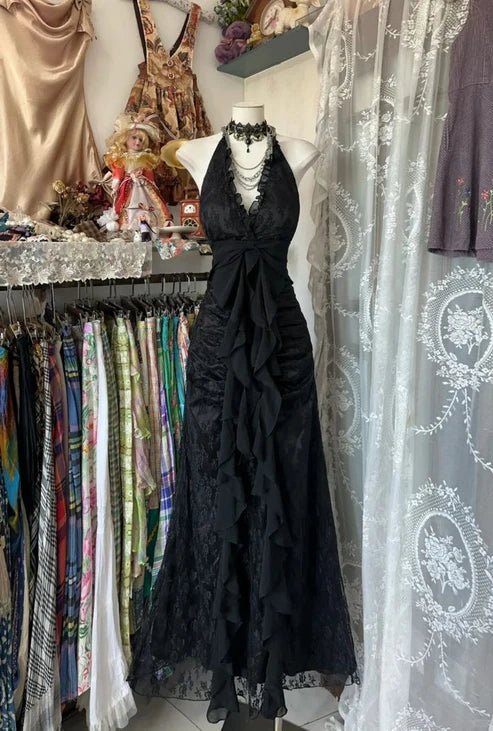 Black V Neck Halter A-Line Lace Vintage Long Prom Dress, D24