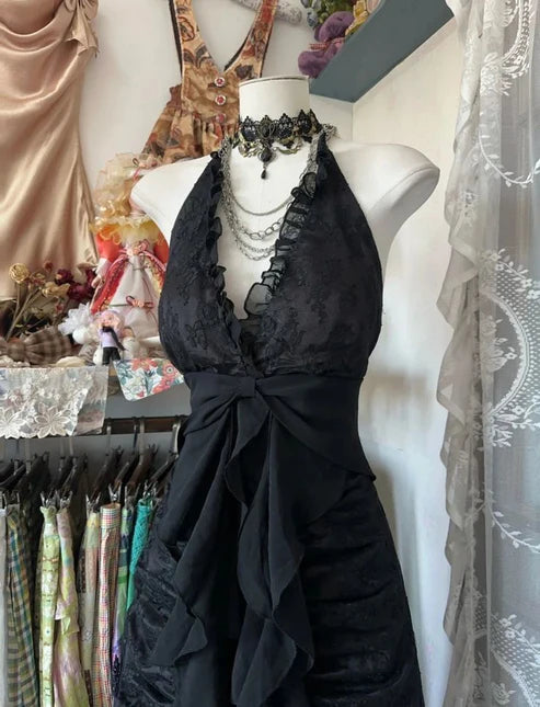 Black V Neck Halter A-Line Lace Vintage Long Prom Dress, D24