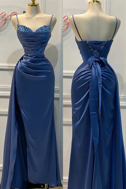 Blue Spaghetti Straps Sheath Satin Long Formal Prom Dress, D27