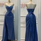 Blue Spaghetti Straps Sheath Satin Long Formal Prom Dress, D27