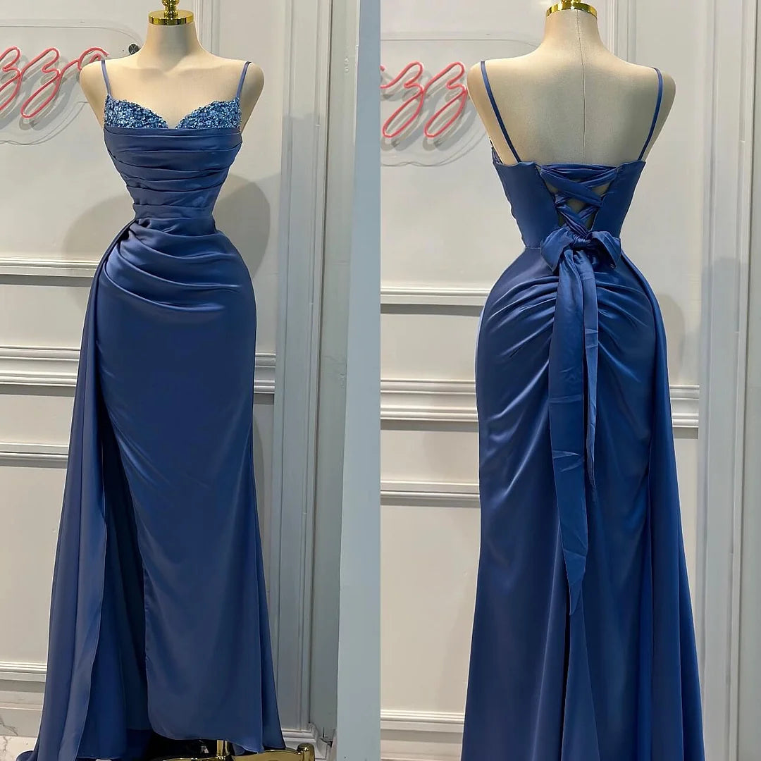 Blue Spaghetti Straps Sheath Satin Long Formal Prom Dress, D27