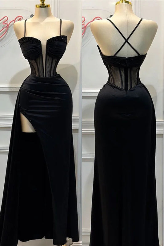 Black Spaghetti Straps Sheath Satin Long Formal Prom Dress, D28