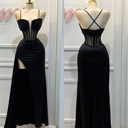 Black Spaghetti Straps Sheath Satin Long Formal Prom Dress, D28