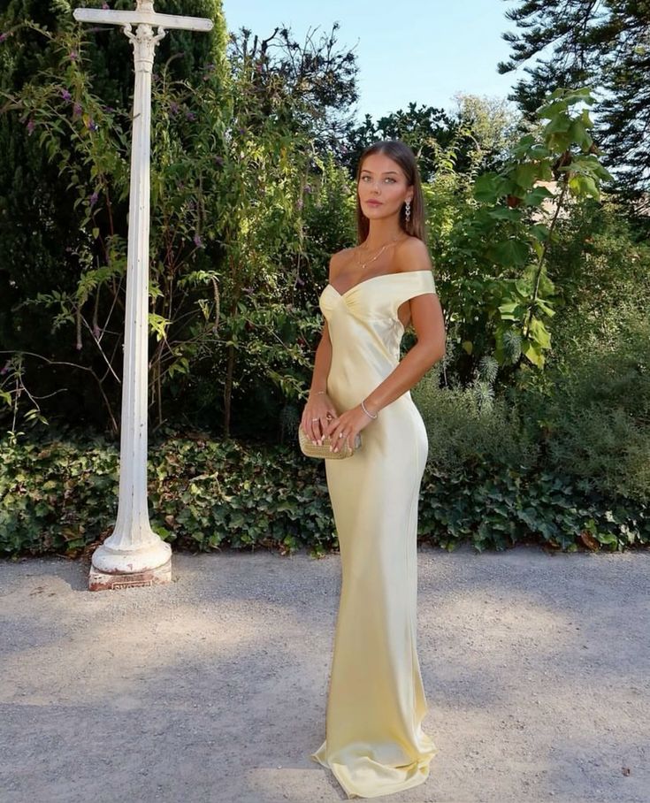 Light Yellow Off Shoulder Sheath Satin Long Party Dress Wedding Guest Dress, D284