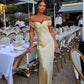 Light Yellow Off Shoulder Sheath Satin Long Party Dress Wedding Guest Dress, D284