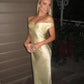 Light Yellow Off Shoulder Sheath Satin Long Party Dress Wedding Guest Dress, D284