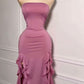 Pink Strapless Sheath Ruffles Long Party Dress Wedding Guest Dress, D293