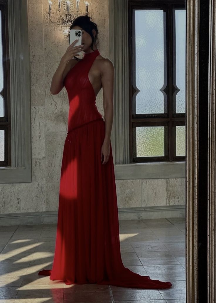 Charming Red Halter Backless A-Line Long Party Drses Evening Dress, D298