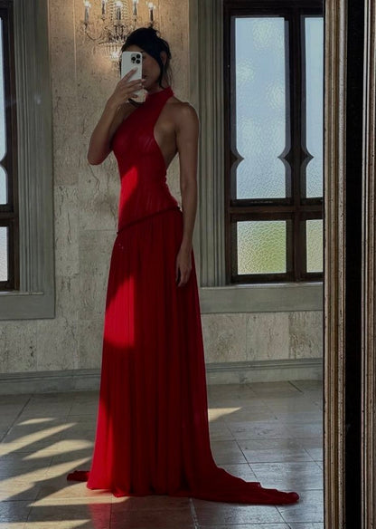 Charming Red Halter Backless A-Line Long Party Drses Evening Dress, D298