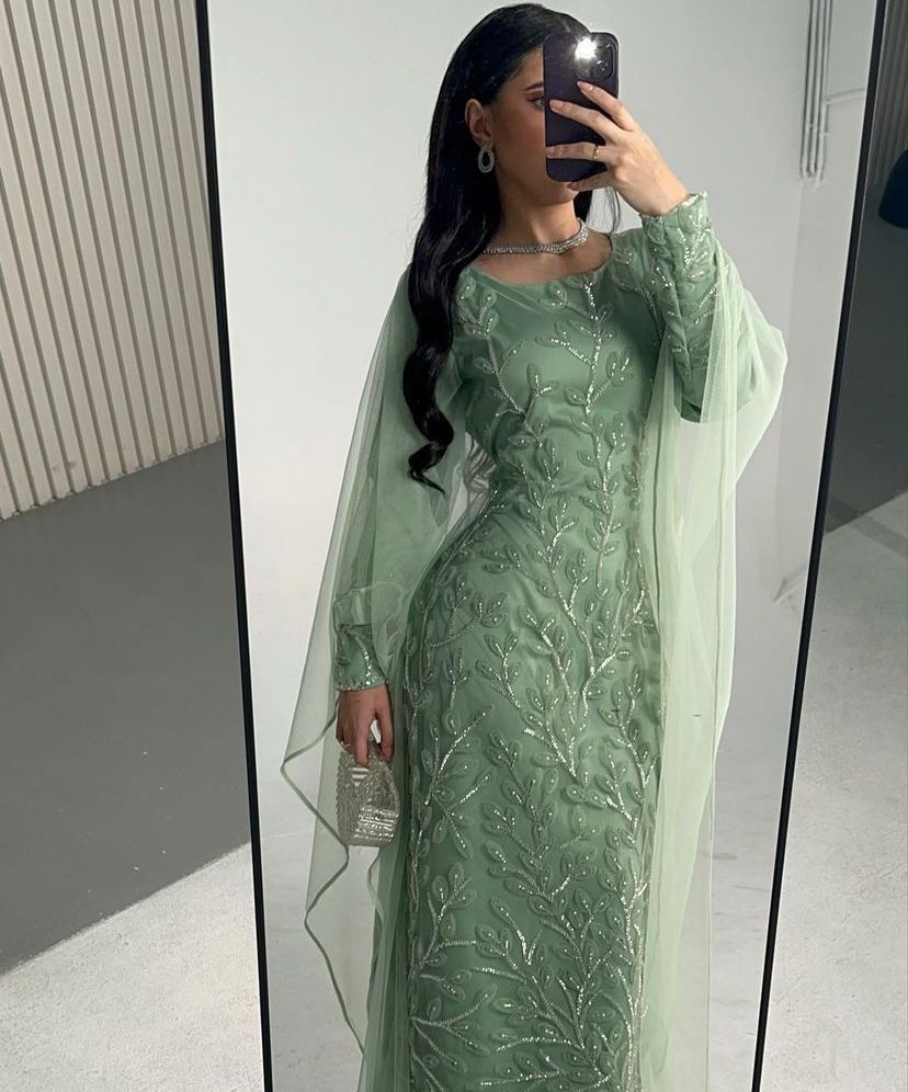 Modest Sage Green Long Sleeves Sequins Sheath Long Formal Prom Dress, D303