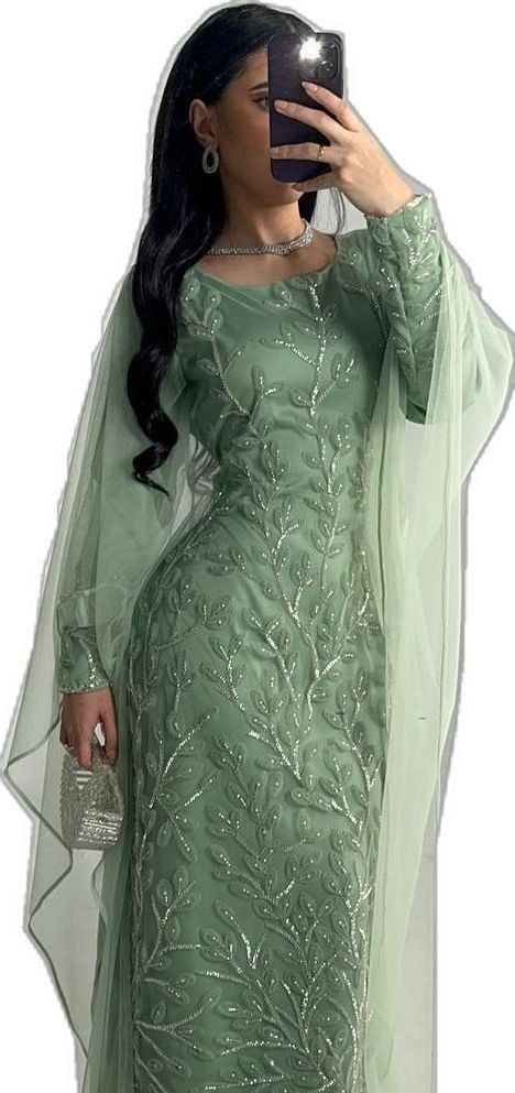 Modest Sage Green Long Sleeves Sequins Sheath Long Formal Prom Dress, D303