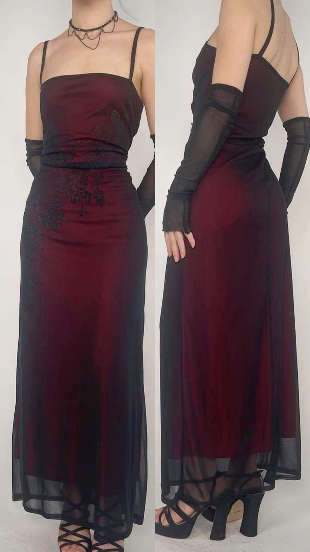 Vintage Burgundy Spaghetti Straps Tulle Sheath Long Evening Party Dress, D305