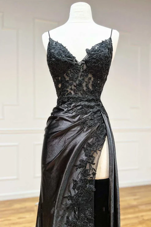 Black Spaghetti Straps Lace Satin Split Sheath Long Party Dress, D39