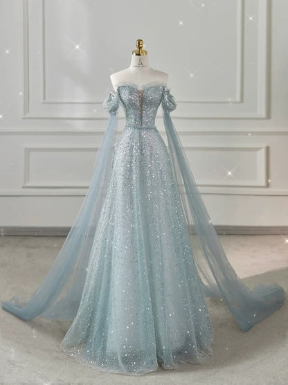 Light Blue Off Shoulder A-Line Long Prom Dress Evening Gown, D31