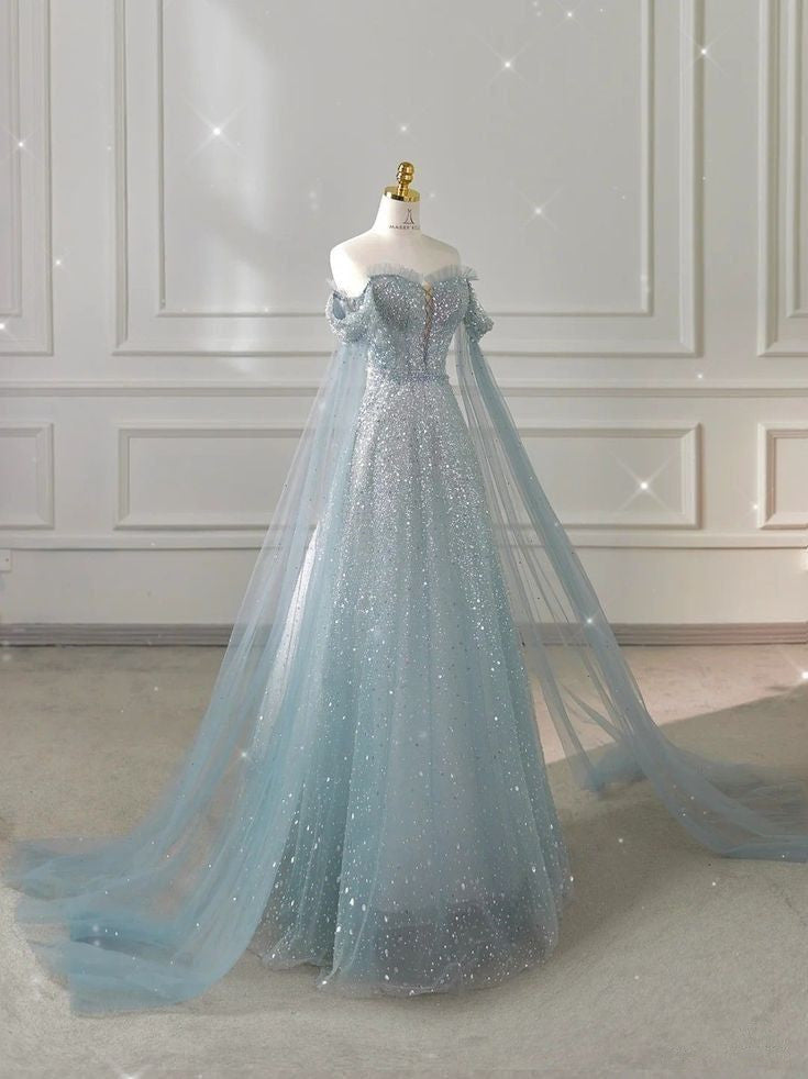 Light Blue Off Shoulder A-Line Long Prom Dress Evening Gown, D31