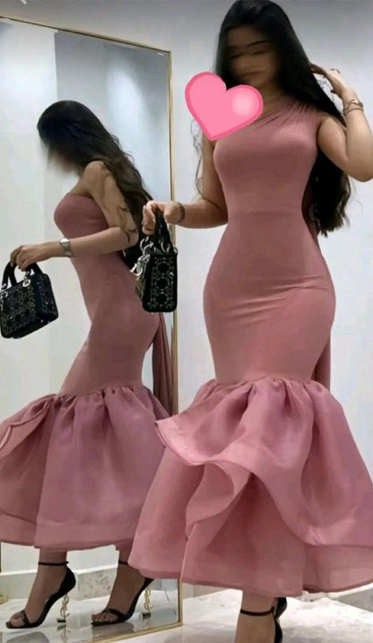 Elegant Pink One Shoulder Mermaid Long Party Dress Birthday Gown, D315