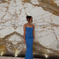 Blue Spaghetti Straps Mermaid Satin Long Party Dress Wedding Guest Dress, D317