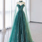 Green Strapless A-Line Tulle Sequins Long Prom Dress Evening Gown, D32