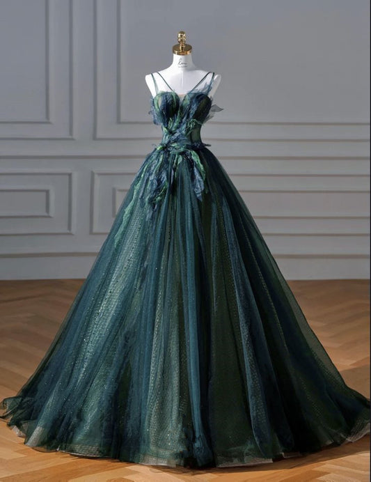 Green Straps A-Line Tulle Chic Long Prom Dress Evening Gown, D33