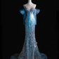 Blue Sequins Sweetheart Mermaid Long Evening Dress Birthday Gown, D42