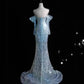 Blue Sequins Sweetheart Mermaid Long Evening Dress Birthday Gown, D42