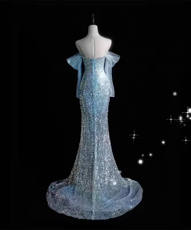 Blue Sequins Sweetheart Mermaid Long Evening Dress Birthday Gown, D42