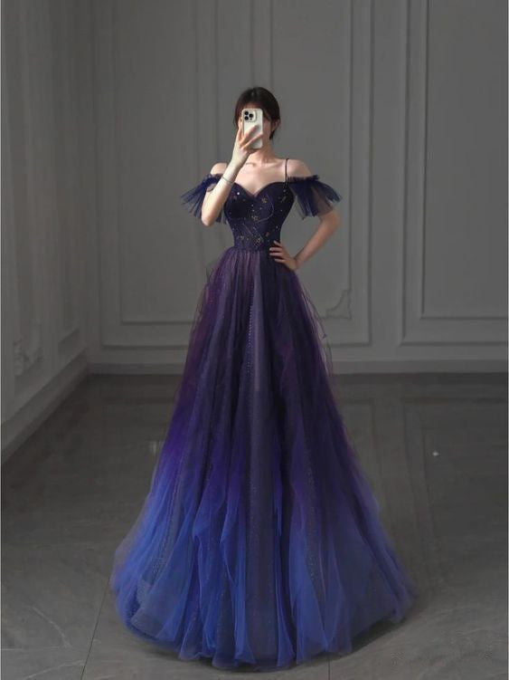 Elegant Off Shoulder A-Line Tulle Long Prom Dress Evening Gown, D36