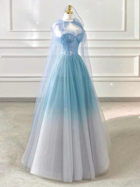 Light Blue Sweetheart Neck A-Line Tulle Long Formal Party Dress, D37