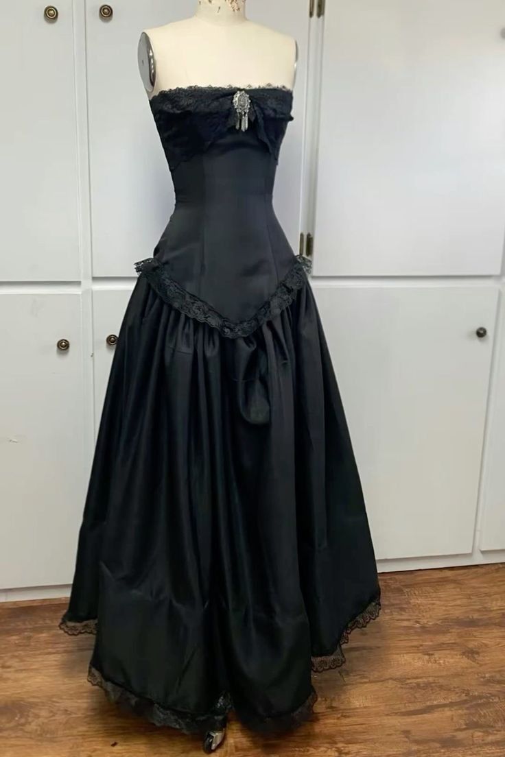 Black Strapless A-Line Lace Satin Long Prom Dress, D45